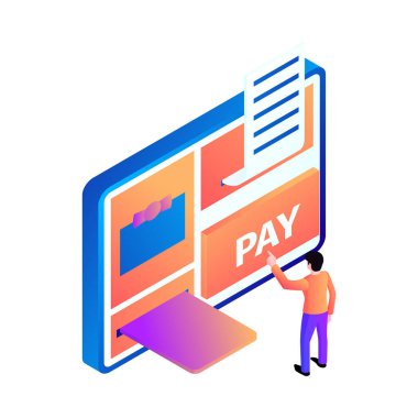 Çevrimiçi ödemeler yapan karakter ile Gadget arayüzü izometrik simgesi 3d vektör çizimi