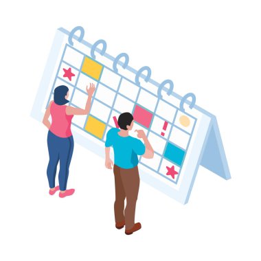 İki insan karakteri ve takvim 3d vektör illüstrasyonlu zaman yönetimi son tarih planlama izometrik kavramı