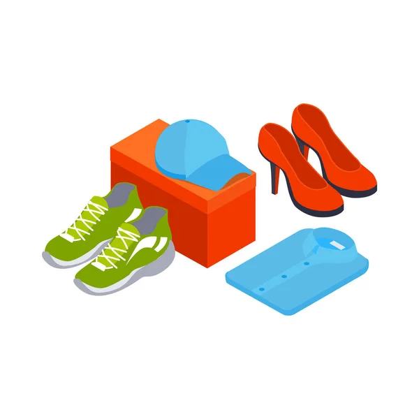 Clothes Shopping Isometric Icon New Shoes Cap Shirt Vector Illustration — Stock Vector