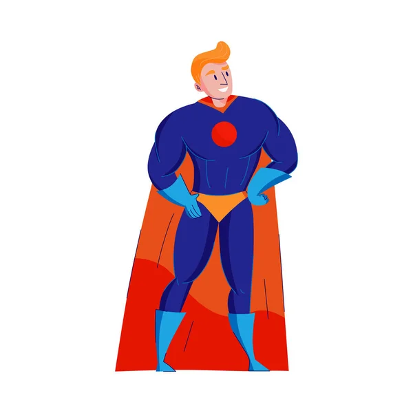 Smiling Male Superhero Red Cape Flat Vector Illustration — Stock Vector