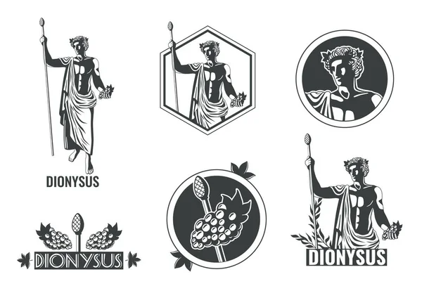 Greek Olympian God Dionysus Flat Black White Emblems Design Set — 스톡 벡터