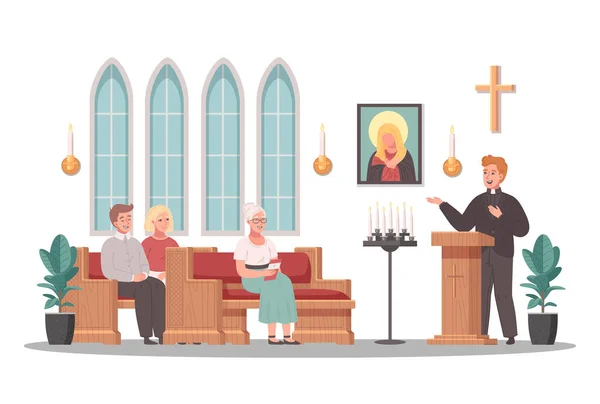 大規模なサービスのベクトルイラストに奉仕司祭とキリスト教の教会の漫画シーン — ストックベクタ