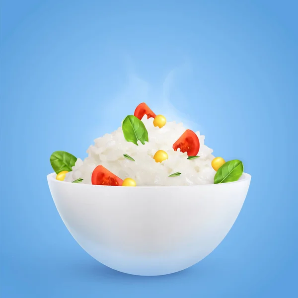 Blauer Hintergrund Mit Schüssel Mit Weißem Zerbröseltem Reis Und Gehacktem — Stockvektor