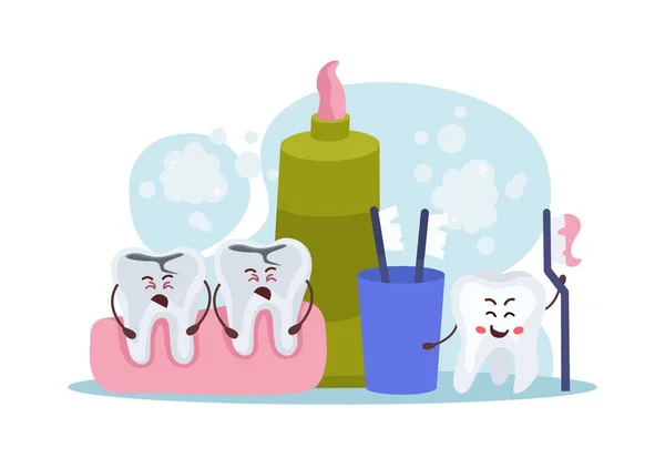 Flaches Mundpflegekonzept Mit Cartoon Figuren Trauriger Verfallener Menschlicher Zähne Und — Stockvektor