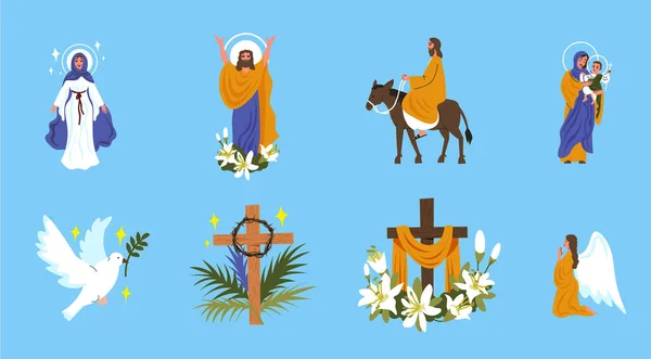 Semaine Sainte Pâques Thème Compositions Plates Ensemble Christ Sur Âne — Image vectorielle