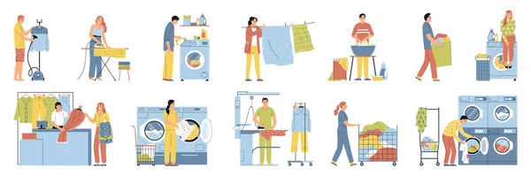 与人一起洗衣服的一套洗衣房的洗衣房 熨烫干的清洁剂 孤立的病媒图解 — 图库矢量图片