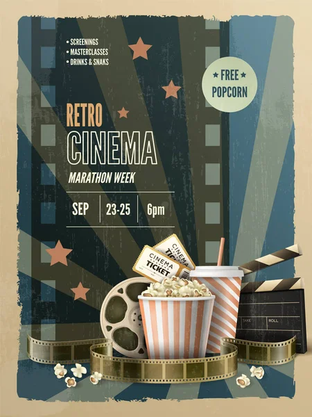 Retro Kino Maraton Týden Svislý Plakát Kbelíkem Popcornu Lístky Realistické — Stockový vektor