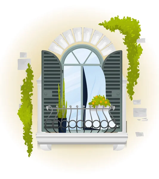 Vintage Composition Balcon Coloré Fenêtre Blanche Avec Clôture Fer Balcon — Image vectorielle