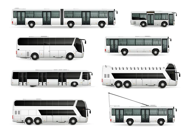 トロリーバス カブリオ ムーバーと都市間ライナーの分離された側面図とバスモックアップ現実的なセットベクトル図 — ストックベクタ