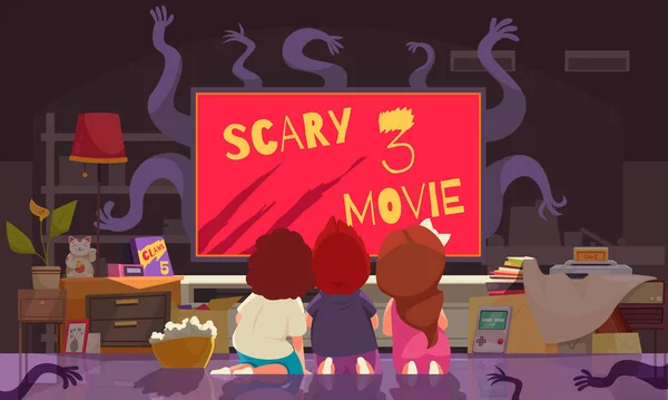 stock vector Children games cartoon poster with preschoolers watching scary movie vector illustration