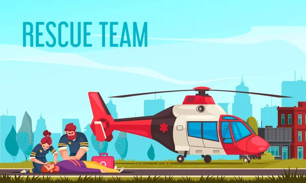 直升机传送带上救护人员抢救不省人事的紧急救援卡通画 — 图库矢量图片