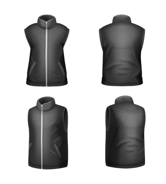 Realistic Set Black Winter Sleeveless Jacket Mockup Isolated White Background — Stock Vector