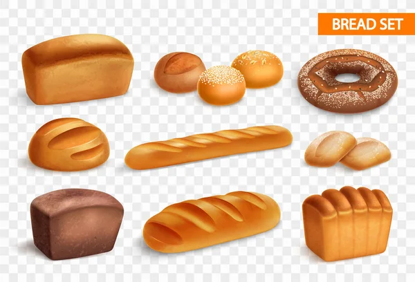 现实的面包透明图标集与Brioche白面包黑面包卷和Ciabatta法国面包矢量插图 — 图库矢量图片