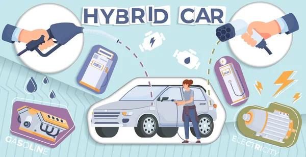 Colagem Carro Híbrido Com Gasolina Símbolos Bateria Ilustração Vetorial Plana — Vetor de Stock