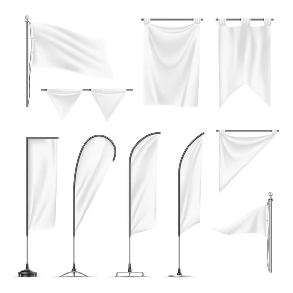 Ρεαλιστικό Σύνολο Από Λευκά Διαφημιστικά Πανό Σημαίες Κρεμαστά Μεταλλικούς Πόλους — Διανυσματικό Αρχείο