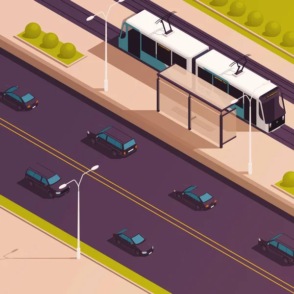 Concepto Isométrico Transporte Público Sostenible Con Eco Trolley Bus City — Vector de stock