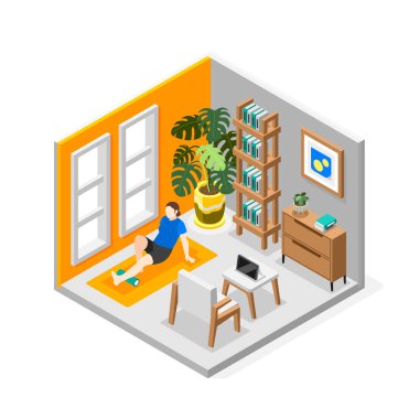 Kapalı alanda köpük rulo ile insan eğitimli izometrik salınım vektör illüstrasyonu