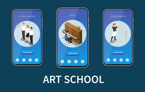 艺术院校垂直网站横幅设置 青少年在黑暗背景下弹钢琴和跳舞 3D等距矢量插图 — 图库矢量图片