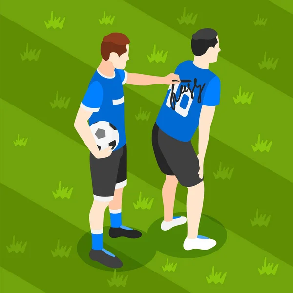 Sportweddenschappen Isometrische Achtergrond Met Voetbal Speler Ondertekening Shirt Vector Illustratie — Stockvector