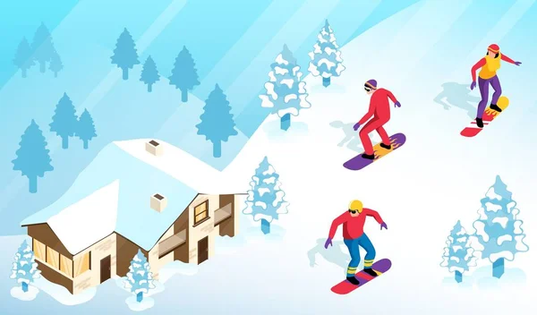 Isometric Ski Resort Concept Snowborders Snowy Hill Alpine House Background — Stock Vector