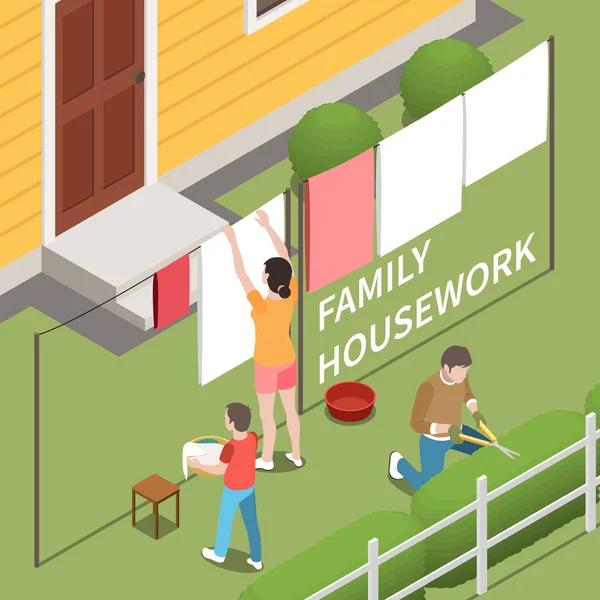 Trabalho Doméstico Familiar Fundo Isométrico Com Filho Ajudando Mãe Pendurar — Vetor de Stock