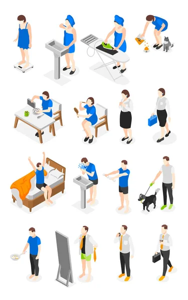 People Morning Routine Isometric Icons Set Man Woman Doing Daily — Stock Vector