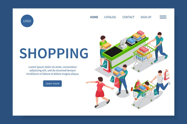 Shopping People Isometrische Website Zielseite Mit Blick Auf Die Kasse — Stockvektor
