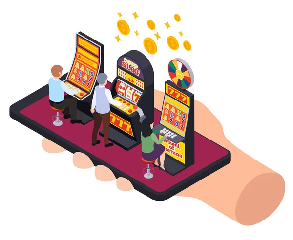 Casino Isometrisk Sammansättning Med Spelautomater Mynt Och Spelare Toppen Smartphone — Stock vektor