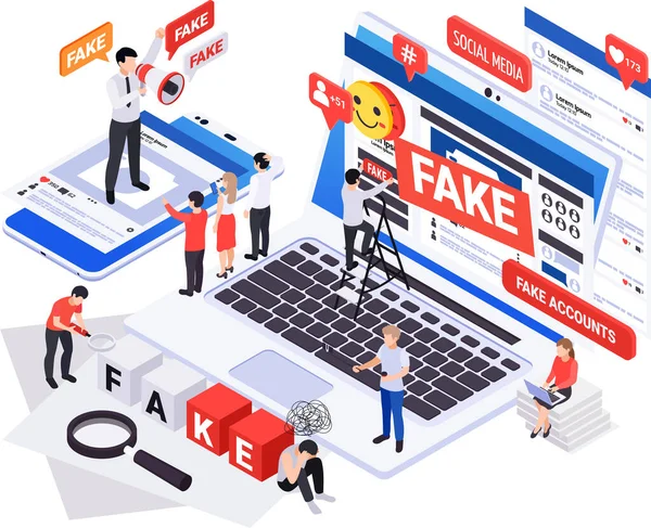 stock vector Fake news disinformation propaganda isometric composition with laptop and smartphone with social networks spreading false information vector illustration