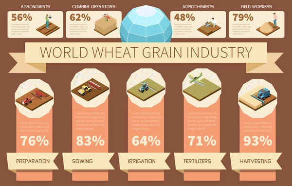 Welt Weizen Getreideindustrie Infografiken Mit Vorbereitung Aussaat Bewässerungsdünger Ernte Arbeiter — Stockvektor