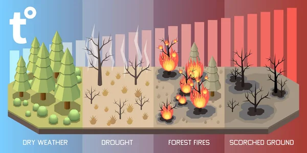Conceito Isométrico Desastre Natural Com Ilustração Vetorial Seca Incêndios Florestais — Vetor de Stock