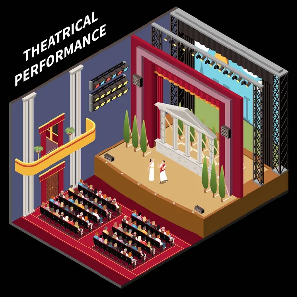 Theater Interieur Podium Isometrisch Concept Met Antieke Drama Performance Vector — Stockvector