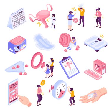 Dişi karakterli izole edilmiş simgelerden oluşan Isometric adet döngüsü pms seti ilaçları ve takvim resimleri vektör illüstrasyonunu kaydeder