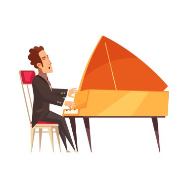 Erkek müzisyen piyano çalıyor ve çizgi film düz vektör çizimi söylüyor.