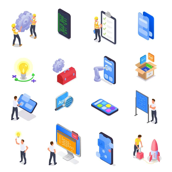 Mobile App Development Isometric Set Isolated Icons Human Characters Smartphone — Stock Vector