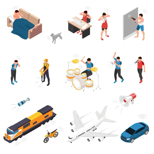 Sound Pollution Isometric Set Stressed People Covered Ears Hands Different — Stock Vector