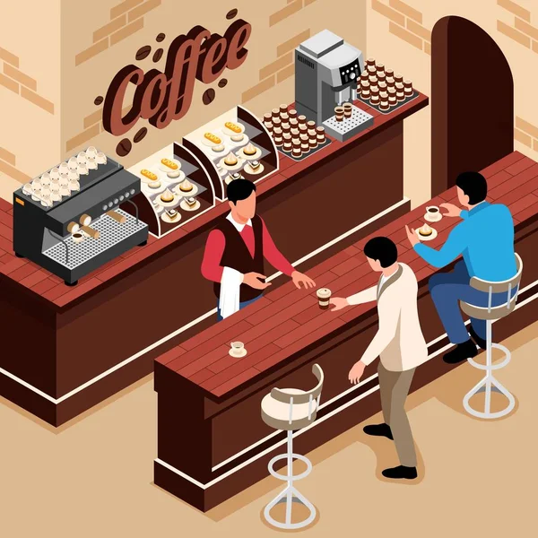 Izometryczna Kawa Cafe Skład Barista Kelner Ladą Przechodzi Napój Wektora — Wektor stockowy