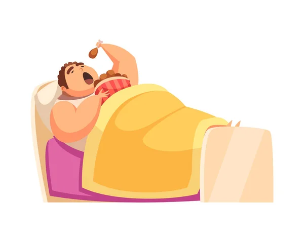 Gluttony Flat Concept Lazy Obese Man Eating Fried Chicken Bed — Stock Vector