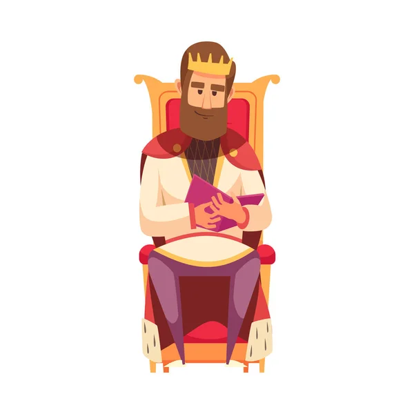 Βασιλιάς Ανάγνωση Του Βιβλίου Στο Θρόνο Επίπεδη Εικονογράφηση Φορέα Κινουμένων — Διανυσματικό Αρχείο