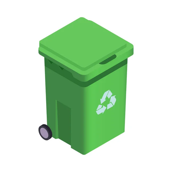 Isometric Green Garbage Bin Recycling Symbol Vector Illustration — Stock Vector