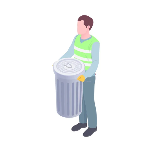 Garbage Cleaner Character Uniform Holding Rubbish Bin Isometric Vector Illustration — Stock Vector