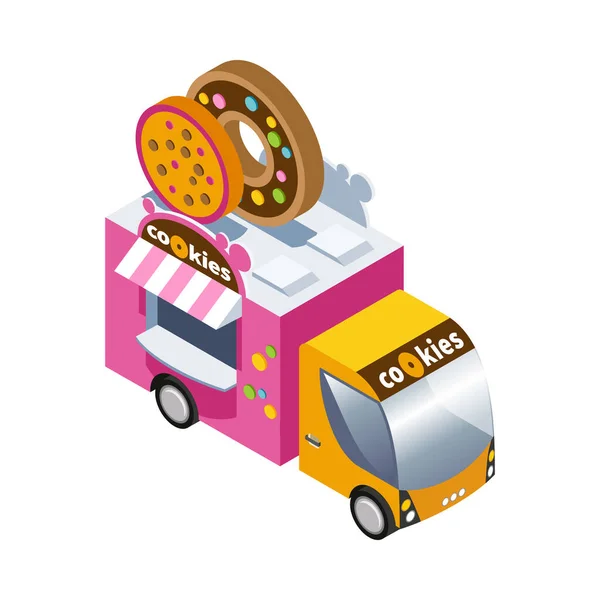Ισομετρική Φορτηγό Τροφίμων Cookies Αυτόματης Πώλησης Λευκό Φόντο Διανυσματική Απεικόνιση — Διανυσματικό Αρχείο