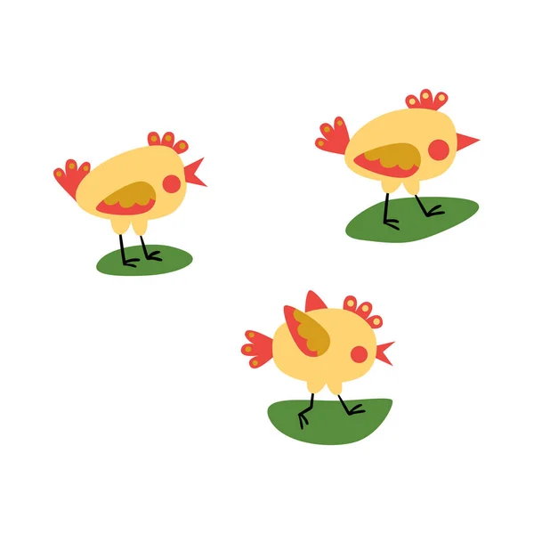 Drei Flache Doodle Gelben Kleinen Hühnern Isoliert Auf Weißem Hintergrund — Stockvektor