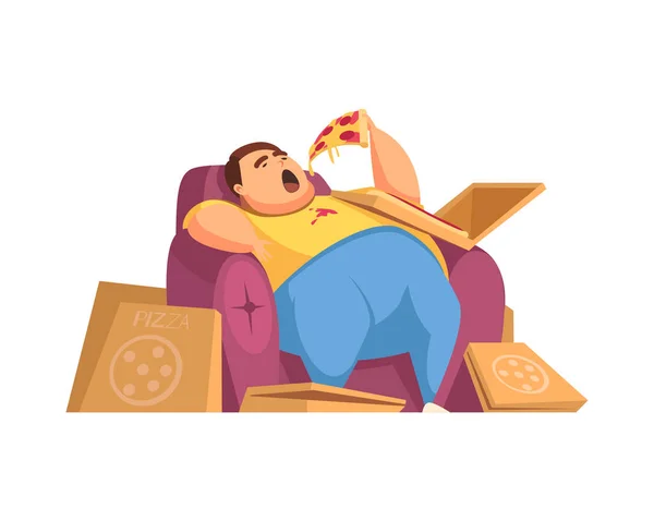Oburluk Yassı Konsept Pizza Vektör Illüstrasyonuyla Aşırı Beslenen Obez Adam — Stok Vektör