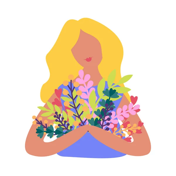 Ξανθιά Κοπέλα Κρατώντας Δέσμη Των Λουλουδιών Άνοιξη Και Κλαδιά Επίπεδη — Διανυσματικό Αρχείο