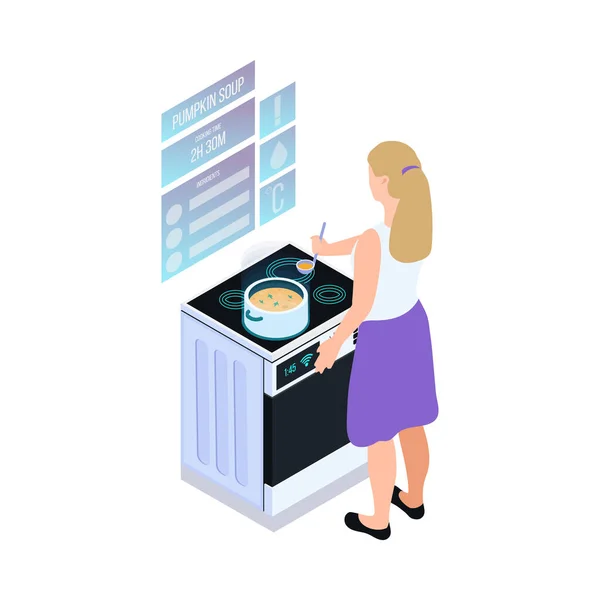 Εικονίδιο Τεχνολογίας Επαυξημένης Πραγματικότητας Γυναίκα Σούπα Μαγείρεμα Και Κοιτάζοντας Εικονική — Διανυσματικό Αρχείο