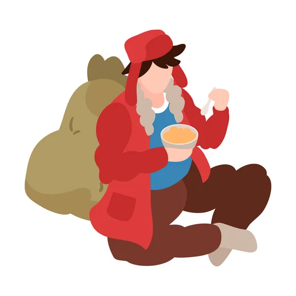 Ізометрична Бездомна Людина Має Гарячу Їжу Відкритому Повітрі Векторні Ілюстрації — стоковий вектор