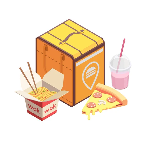 電子商取引食品配送アイコン付きバッグピザ麺飲料3Dベクトルイラスト — ストックベクタ