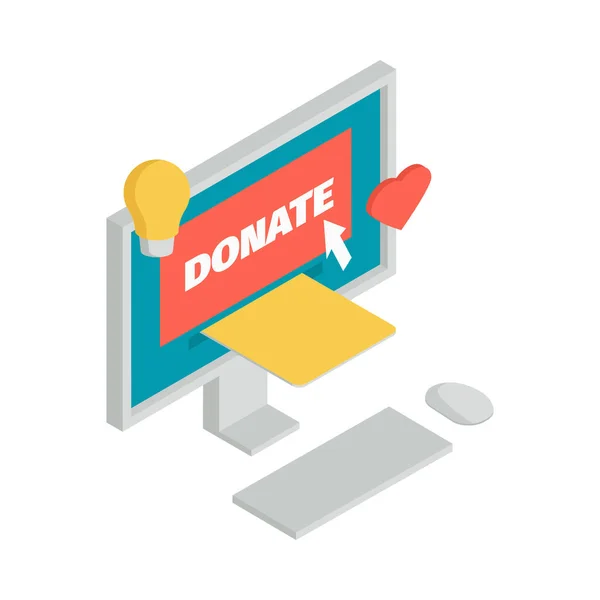 Isometrisk Välgörenhet Online Donation Isometrisk Ikon Med Dator Och Hjärta — Stock vektor