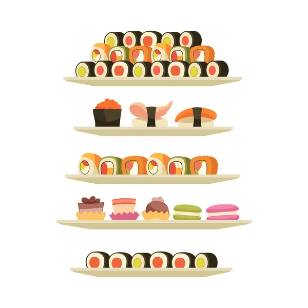 Flat Collection Dishes Sushi Maki Desserts Banquet Isolated Vector Illustration — Stock Vector